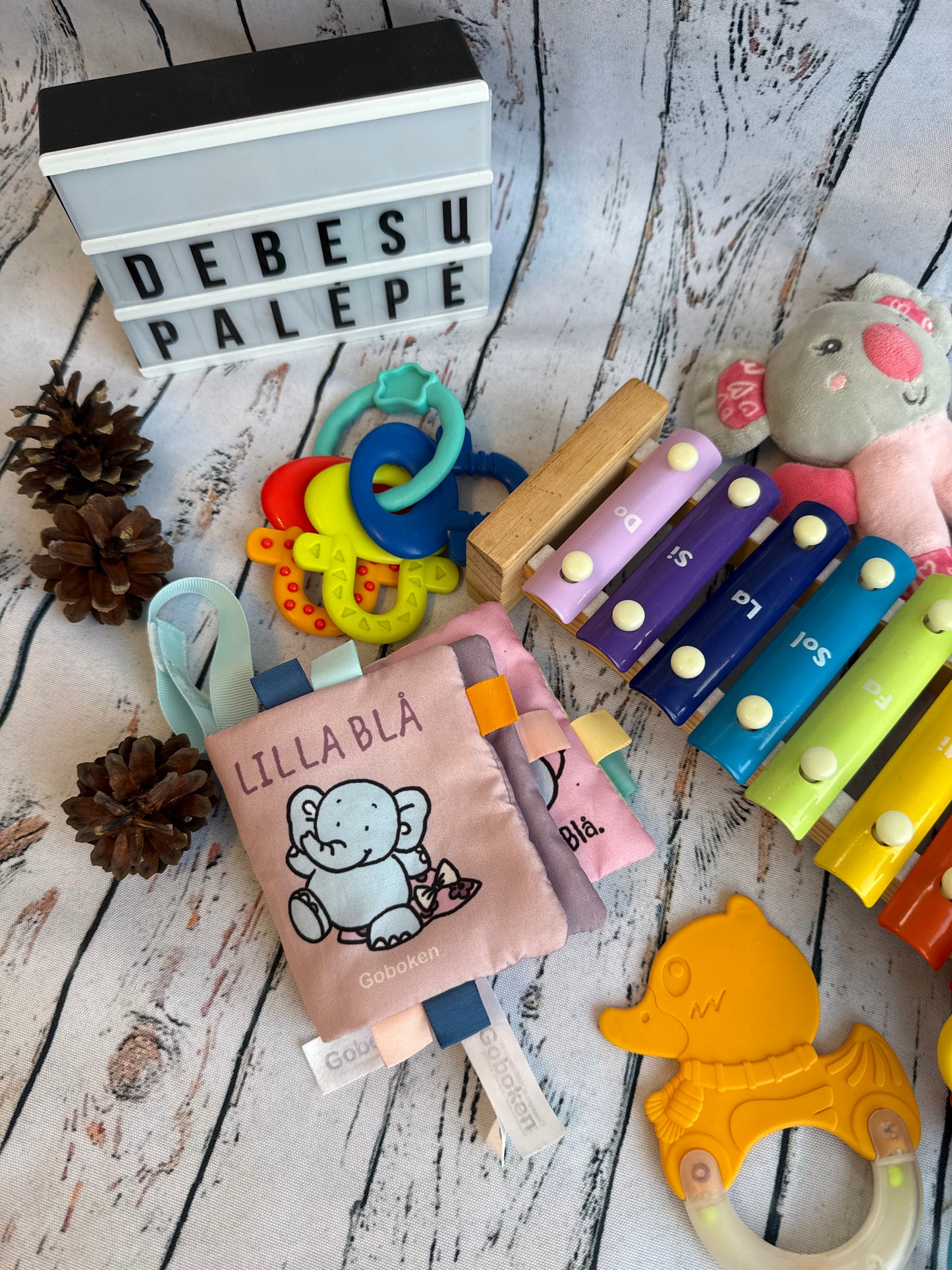 🧸🎶 Lavinamasis žaislų rinkinys „Spalvos, garsai ir pojūčiai“